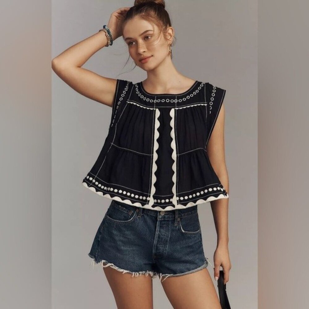 NWT Size S -Anthropologie 100% Cotton Embellished Babydoll Top (NWT US$ 128)